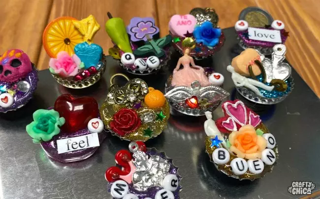Recyled crafts "junk" turned into fun and fancy magnets - come get your inspiration on!