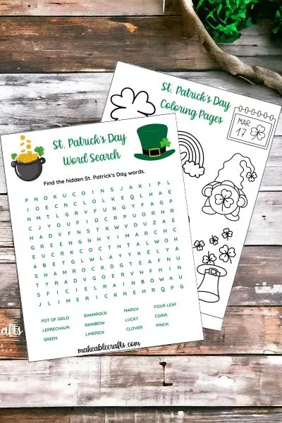 free printable of St. Patrick's Day Word Search and coloring pages